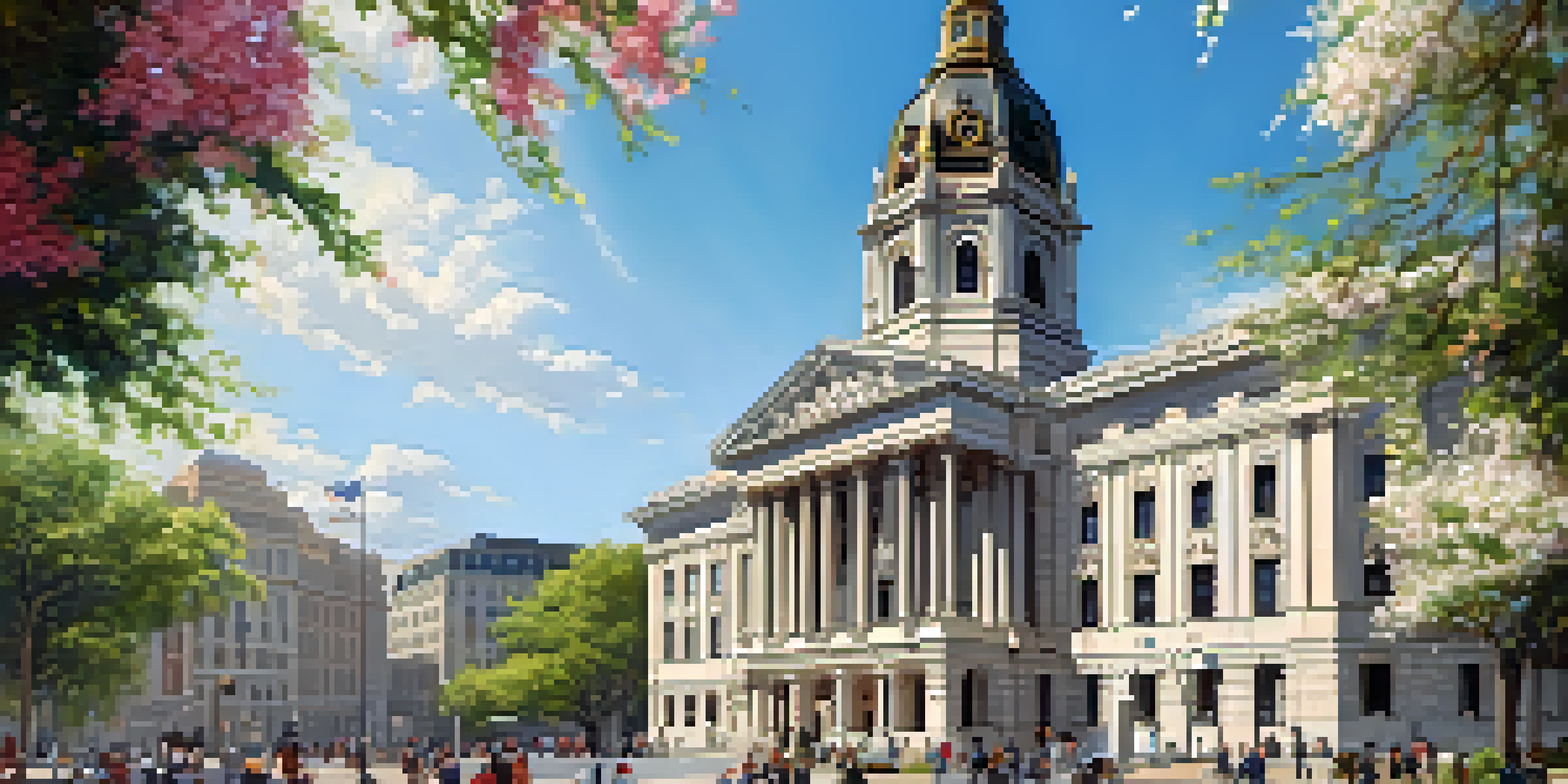 A grand City Hall with a tall spire and detailed architecture, surrounded by flowers and people attending community events.