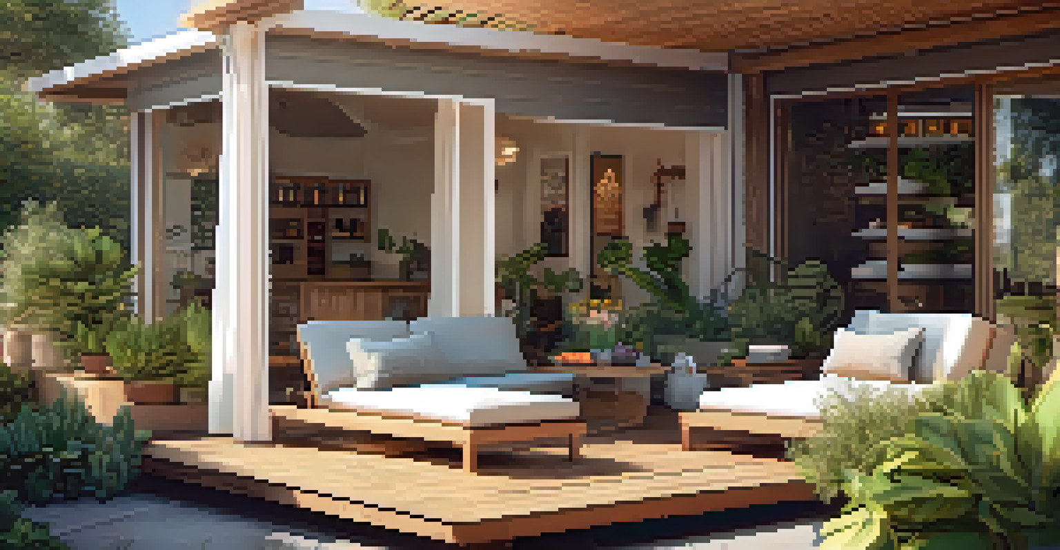 A cozy outdoor wellness retreat space with yoga mats, cushions, and healthy snacks, surrounded by vibrant plants.