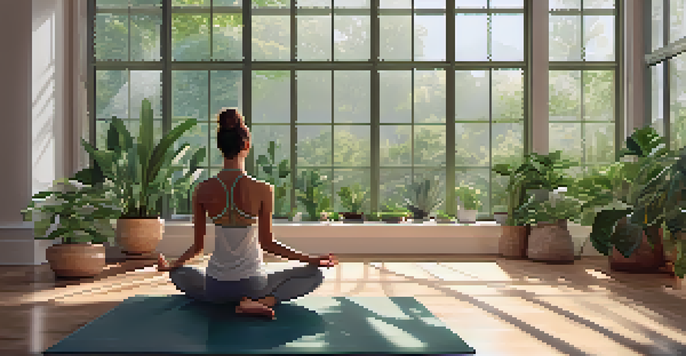 A person practicing yoga in a calming studio filled with plants and soft natural light.