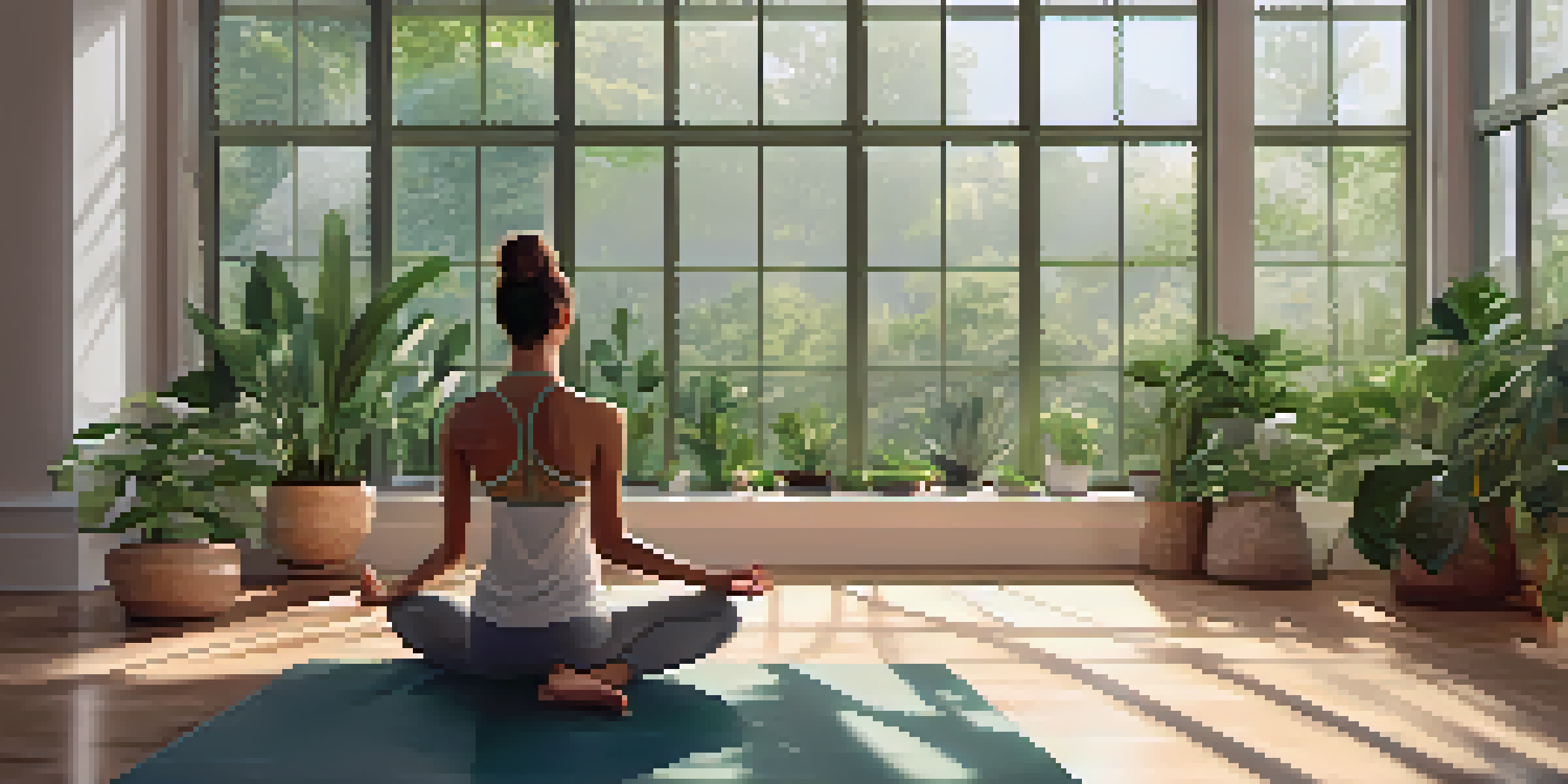 A person practicing yoga in a calming studio filled with plants and soft natural light.