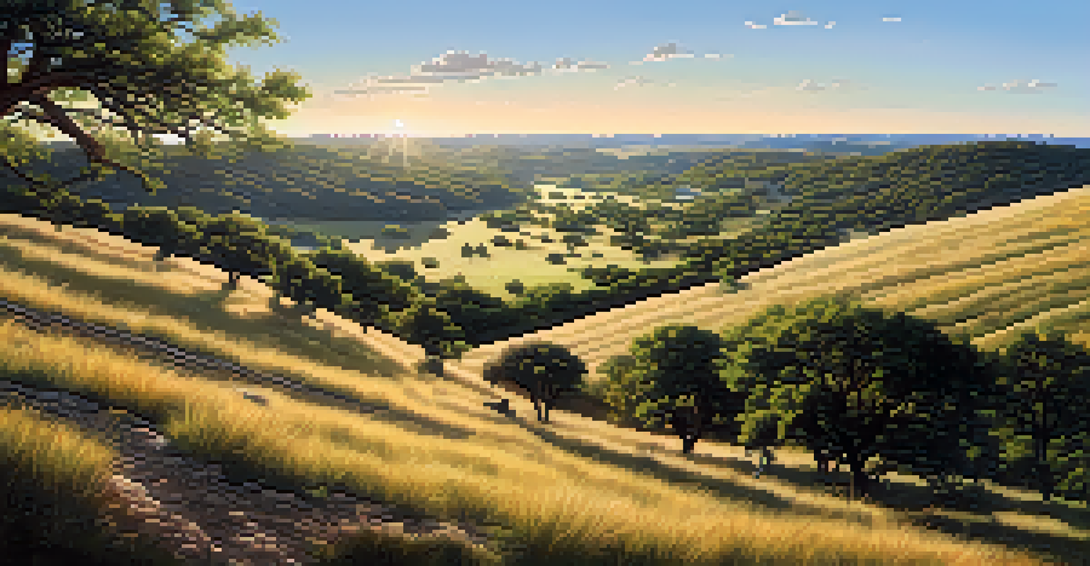 A serene view of volunteers planting trees in the Texas Hill Country, emphasizing conservation efforts in a beautiful natural setting.