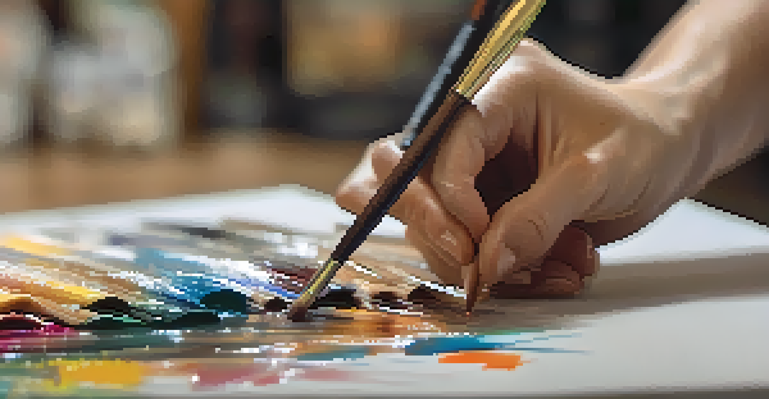 An artist's hand picking a brush from a display, with various brushes in the background.