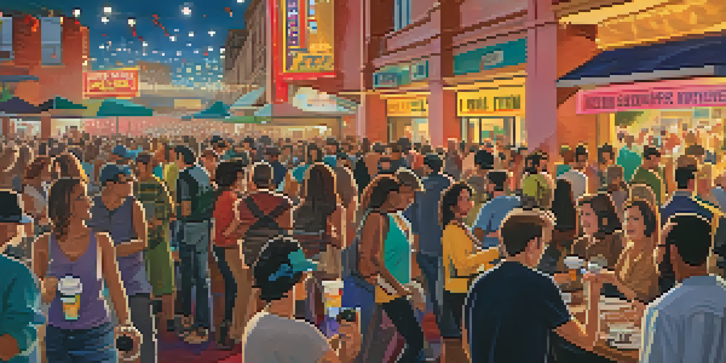 A diverse crowd at the Austin Film Festival engaging in conversations with a festival banner in the background.