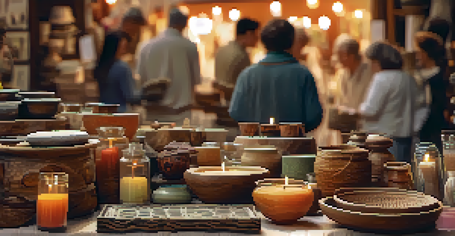 A vendor's table showcasing handmade pottery, jewelry, and candles at an artisan market, with shoppers engaging with the vendor.