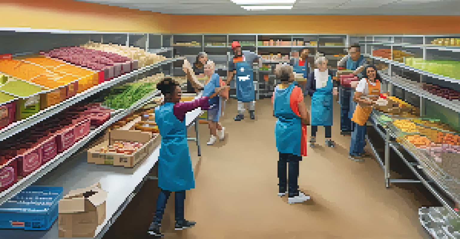 Volunteers sorting and distributing food at a community food bank, highlighting teamwork and community support.