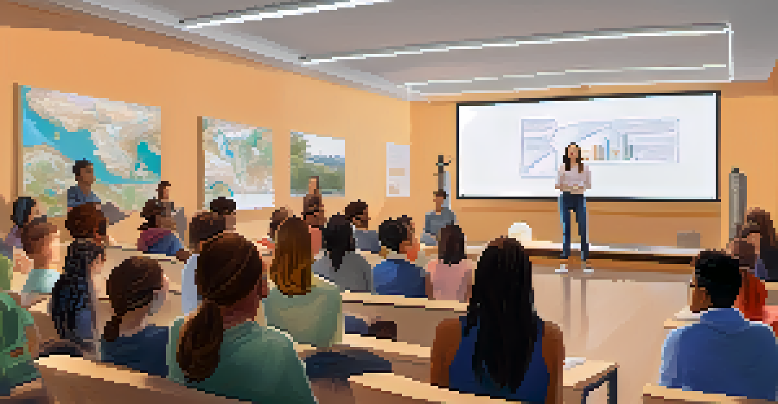 A modern classroom seminar with students listening to a speaker about gender identity and acceptance, with a projector displaying educational slides.