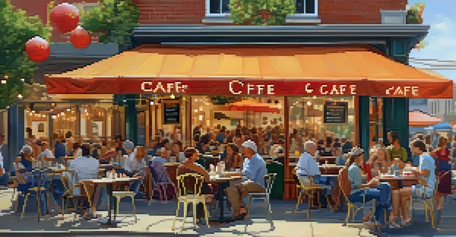 A charming local café with outdoor seating during a festival, featuring customers enjoying pastries and coffee, with festive decorations and a festival banner in the background.