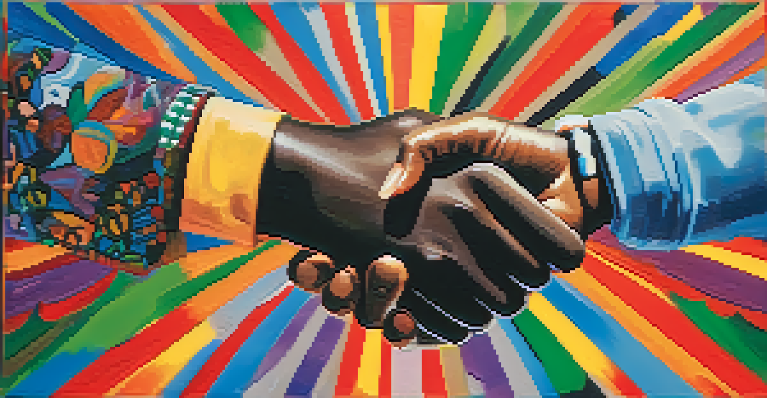 A close-up of two hands shaking, representing trust and collaboration in community engagement, with a blurred background of a community event.