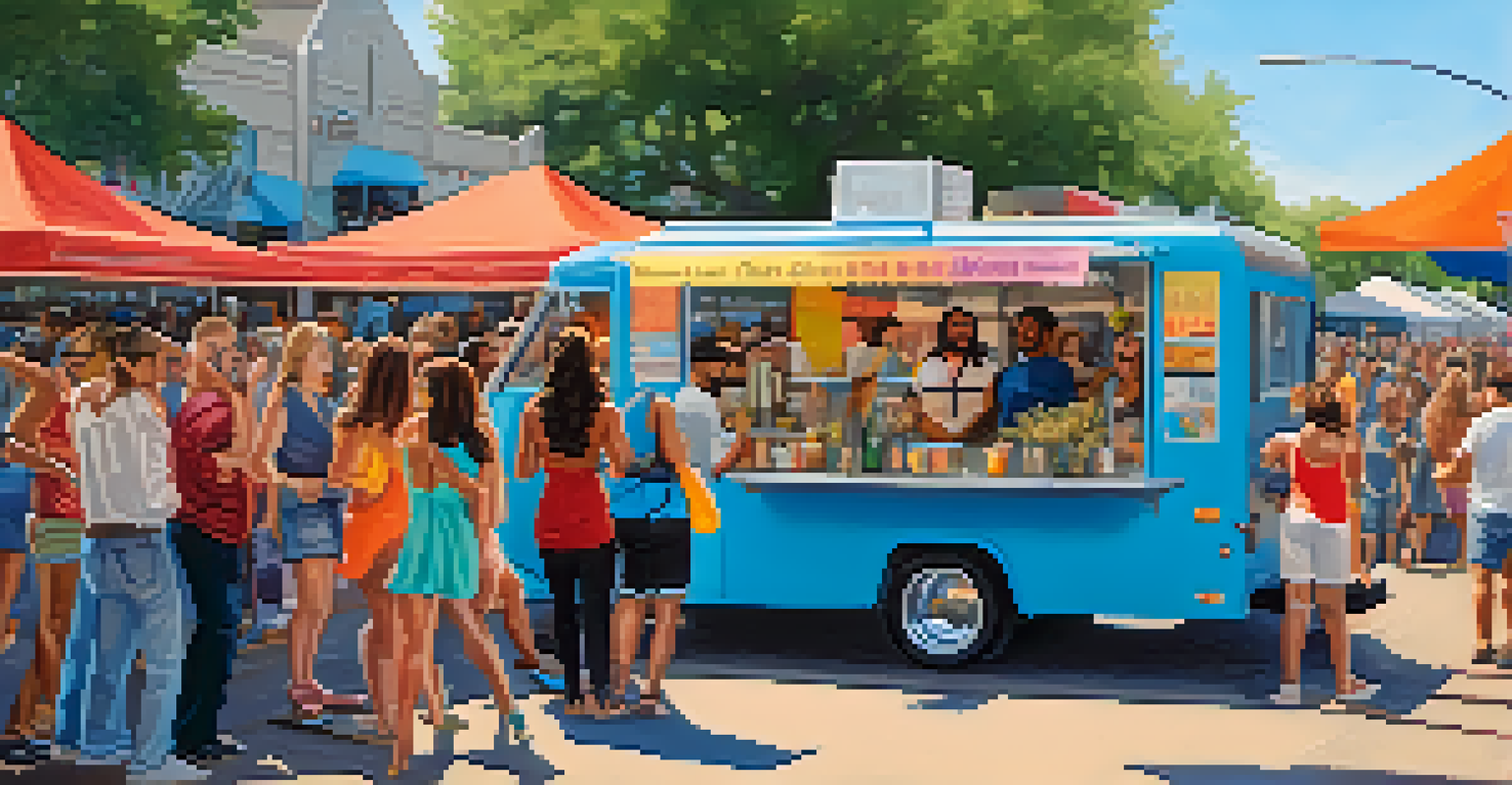 A lively outdoor festival in Austin with food trucks, live music, and a diverse crowd enjoying the event.