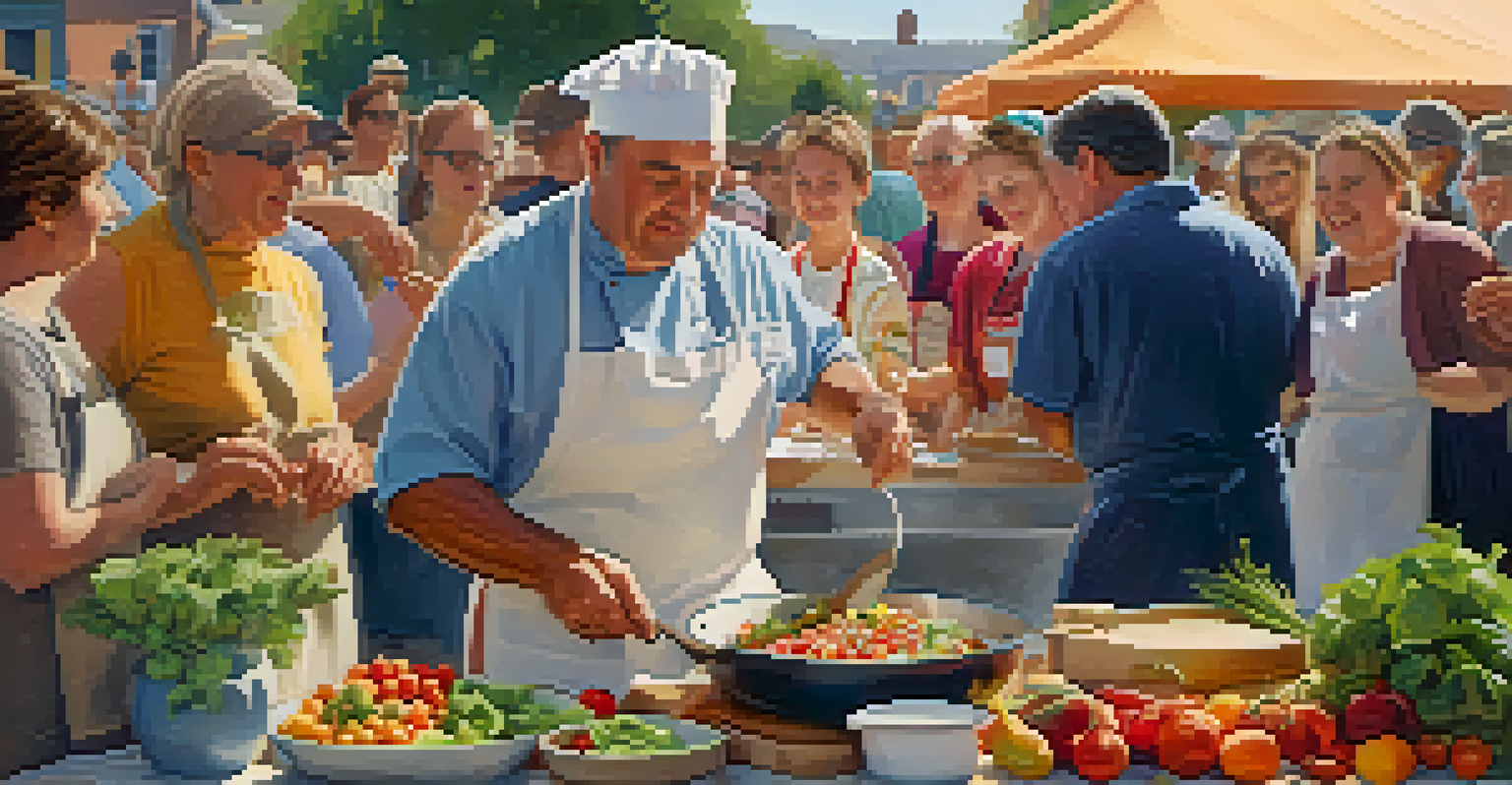 A cooking demonstration at a farmers' market with a chef and an audience enjoying the event.