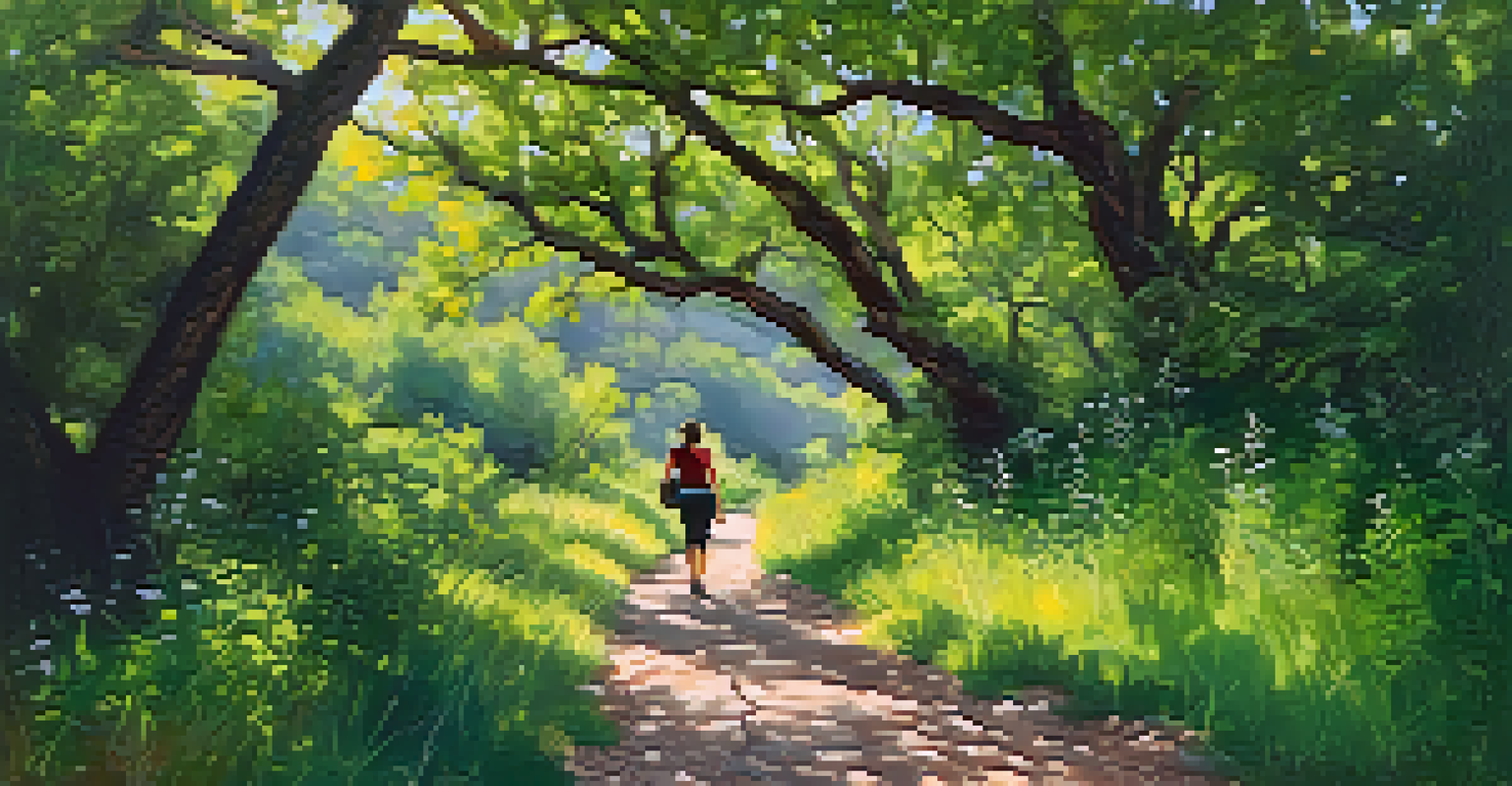 A tranquil nature trail at Barton Creek Greenbelt surrounded by lush trees and wildflowers, with a hiker walking under the sunlight filtering through the leaves.