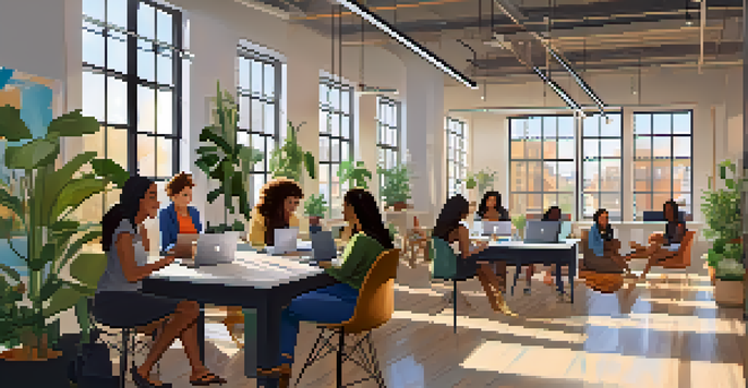 A modern co-working space where diverse women entrepreneurs are collaborating on tech projects, surrounded by plants and bright natural light.