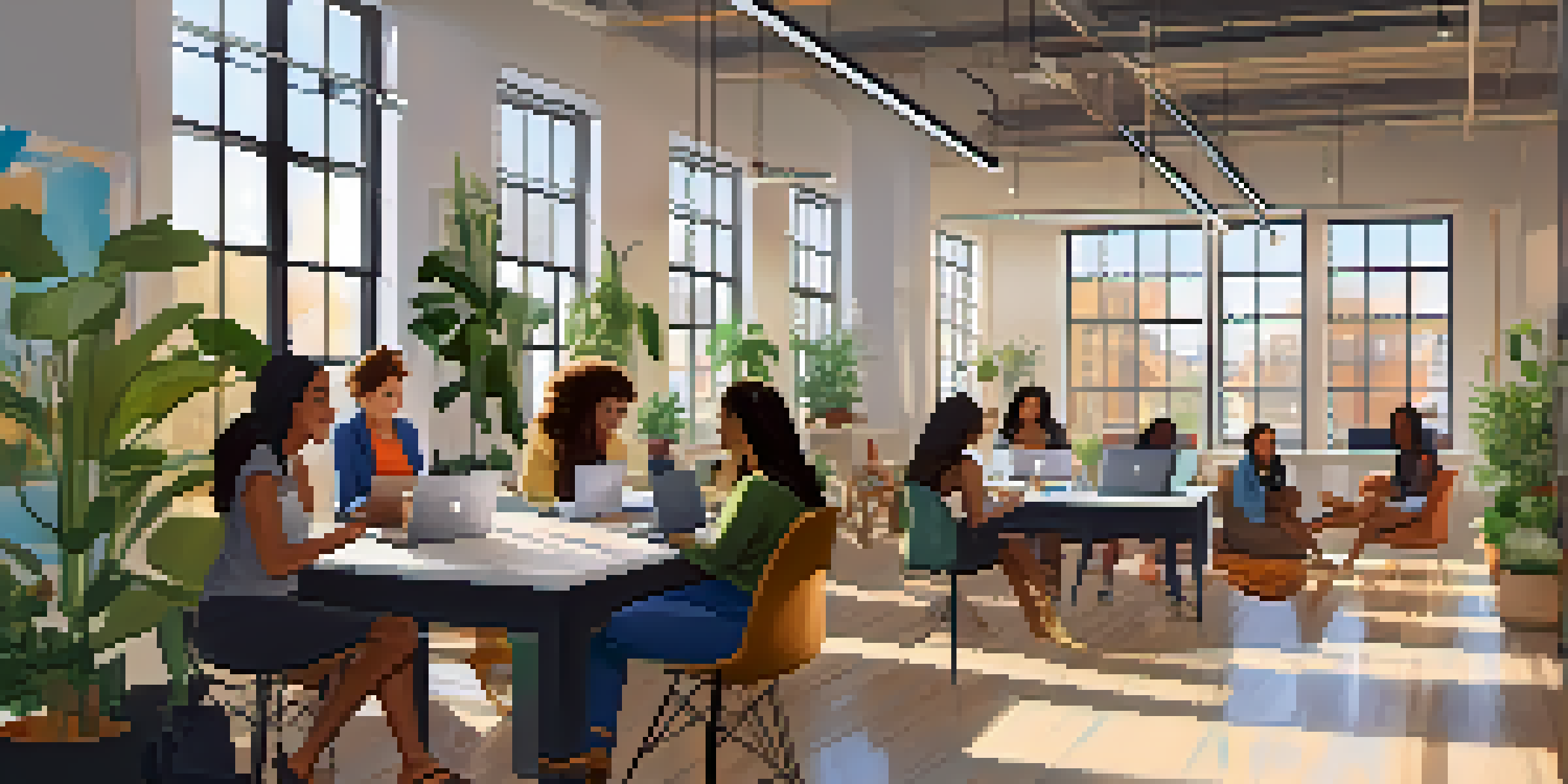 A modern co-working space where diverse women entrepreneurs are collaborating on tech projects, surrounded by plants and bright natural light.