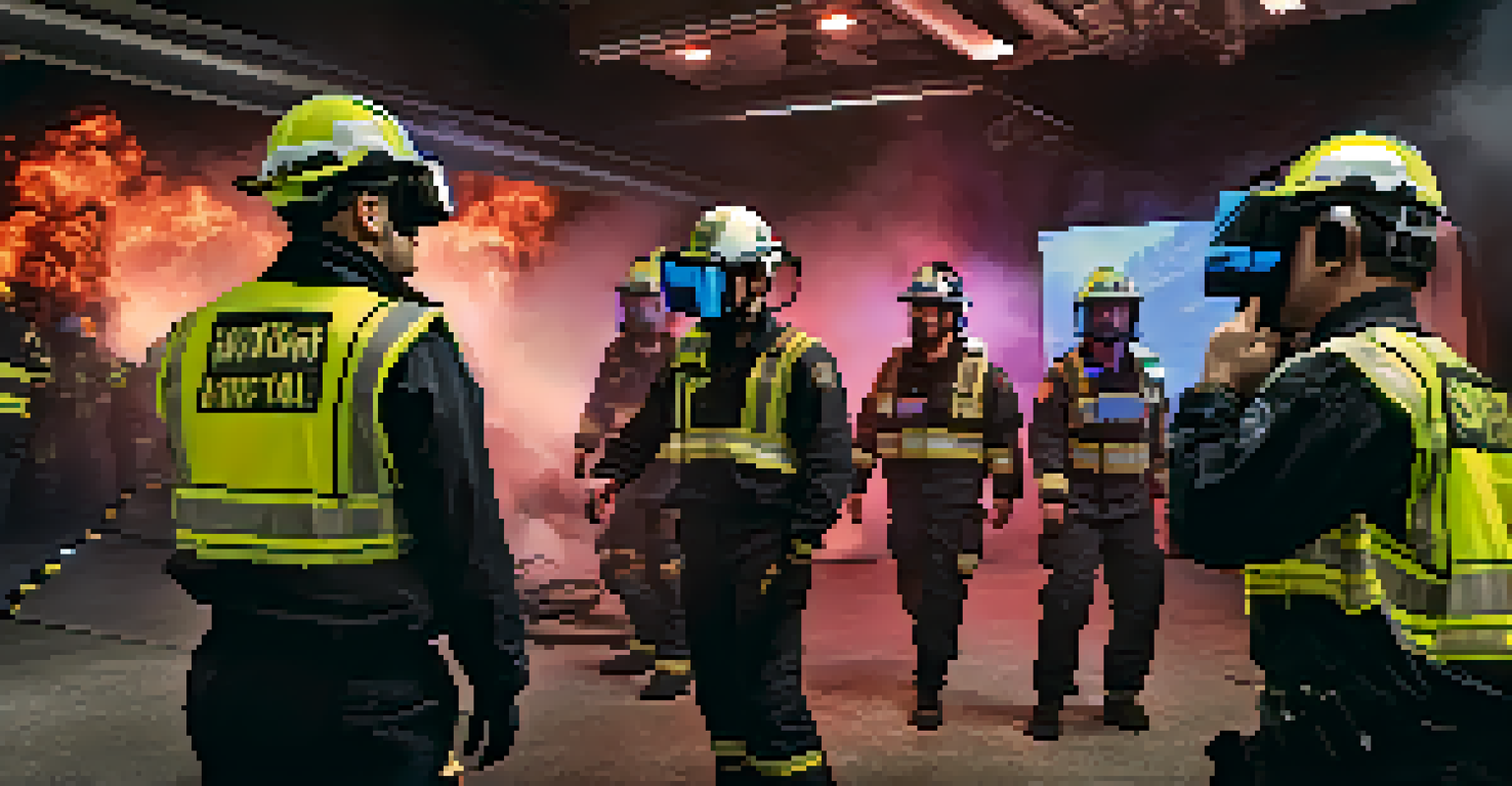 Emergency responders training in a virtual reality simulation with a realistic emergency scene.