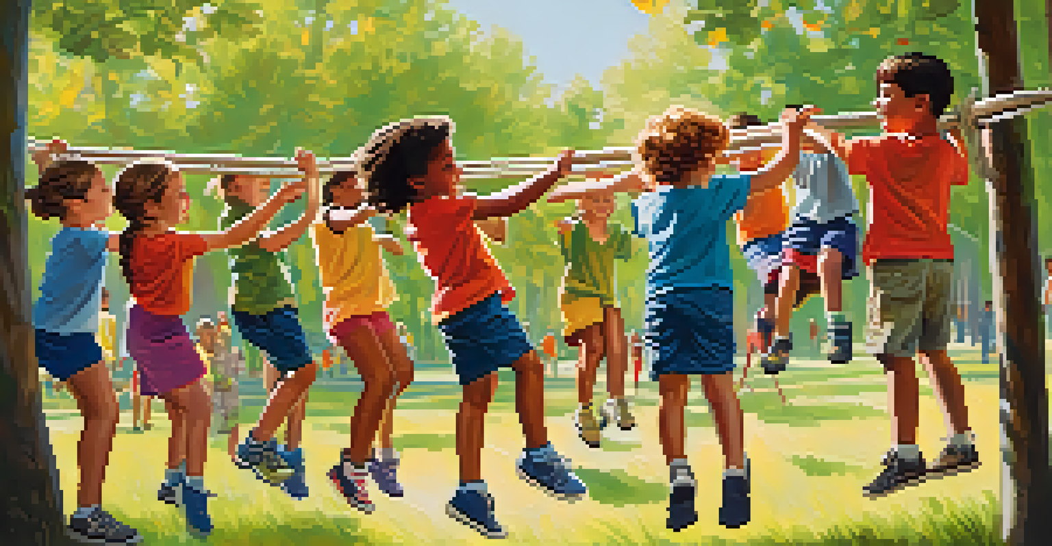 Children engaging in a team-building rope course in a sunny park.