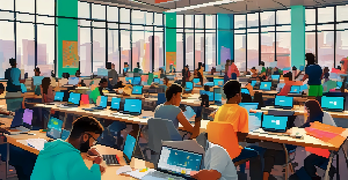 A lively coding bootcamp in Austin, showcasing diverse students working together with laptops and coding materials in a bright classroom.