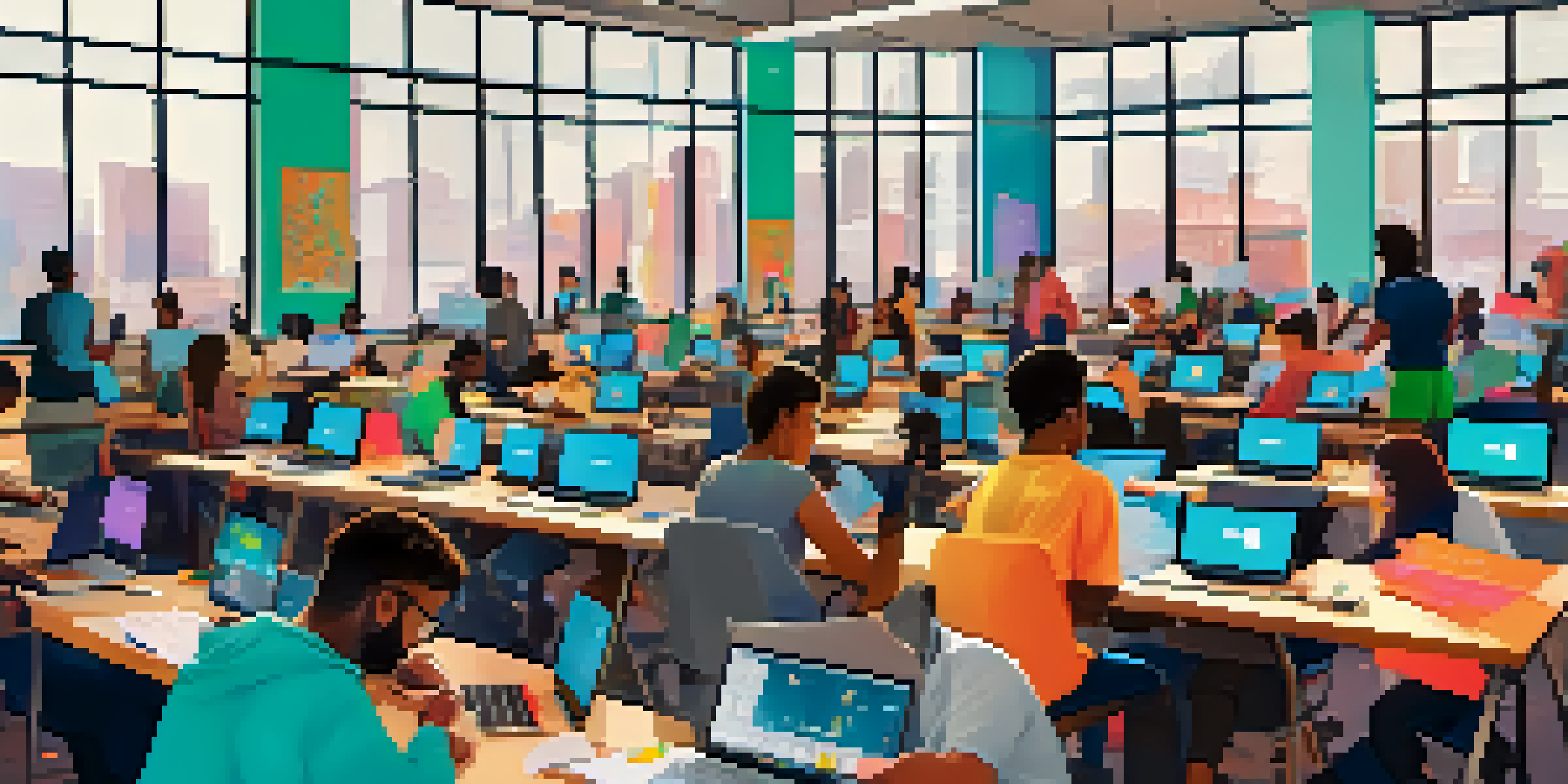 A lively coding bootcamp in Austin, showcasing diverse students working together with laptops and coding materials in a bright classroom.