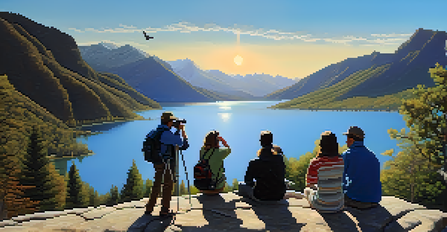 A group of people observing a bird by a lake during a nature walk, with mountains and a clear sky in the background.