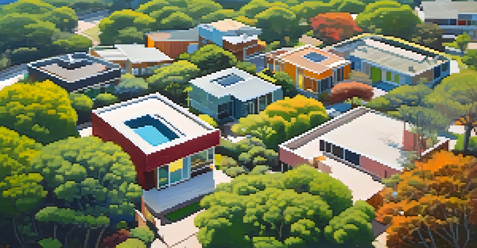 Aerial view of a Mid-Century Modern neighborhood with colorful homes and lush gardens in Austin.