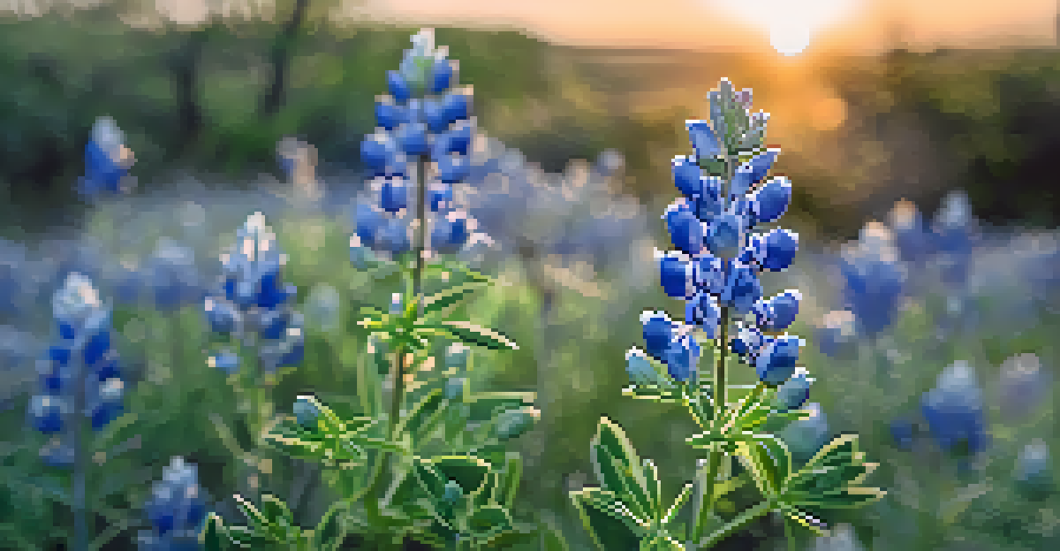 A close-up view of bluebonnet flowers with dew on their petals, surrounded by green foliage, captured in soft morning light.