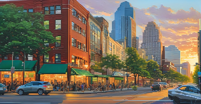 A vibrant cityscape of Austin at sunset with modern buildings and street art, featuring people enjoying outdoor activities.