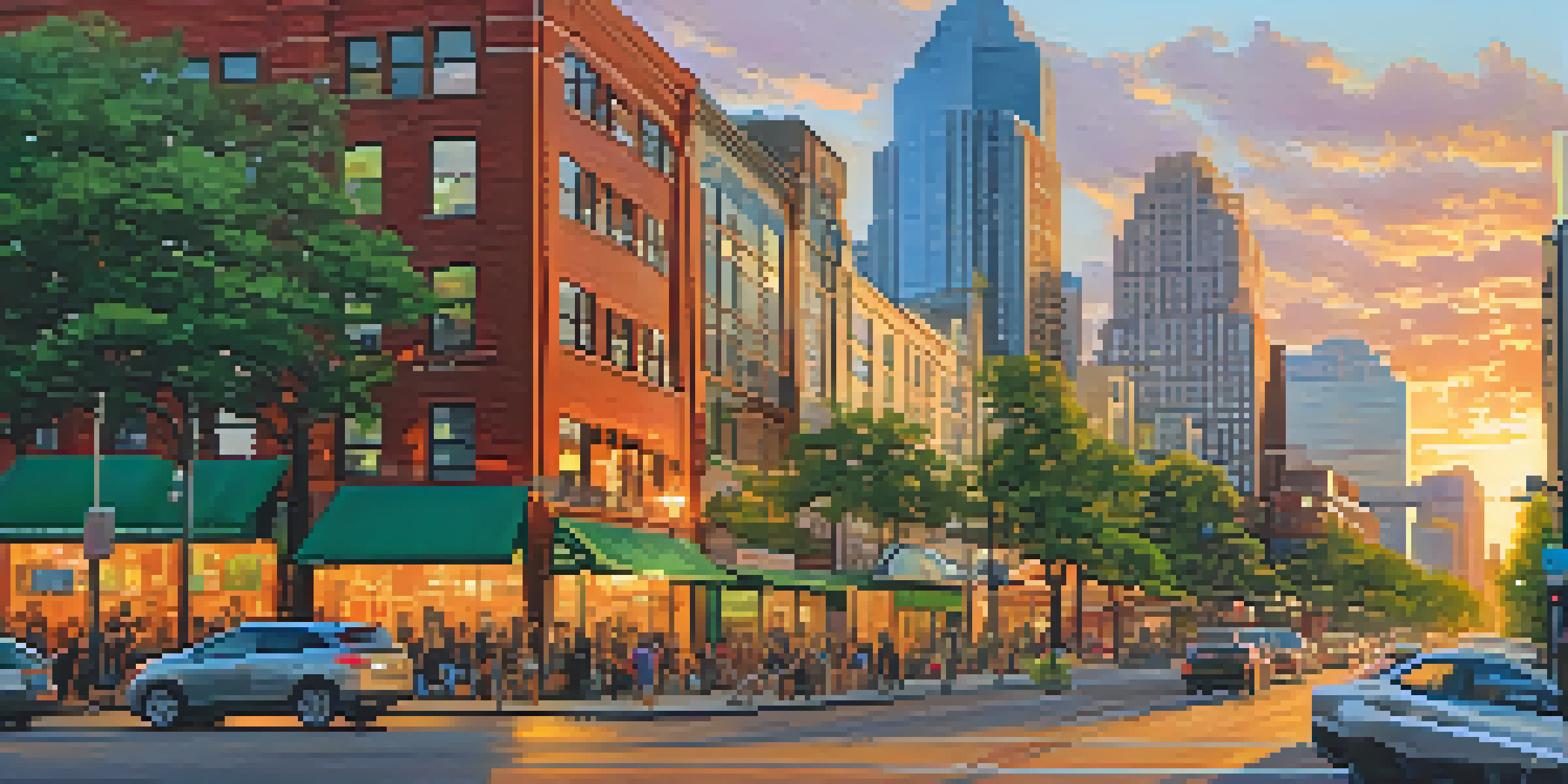 A vibrant cityscape of Austin at sunset with modern buildings and street art, featuring people enjoying outdoor activities.