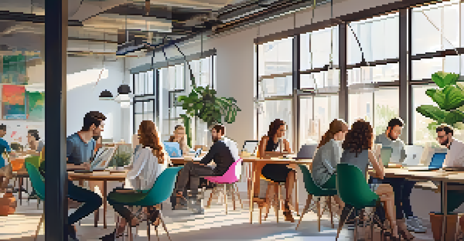Close-up of a diverse startup team collaborating in a modern co-working space filled with laptops and creative decor.