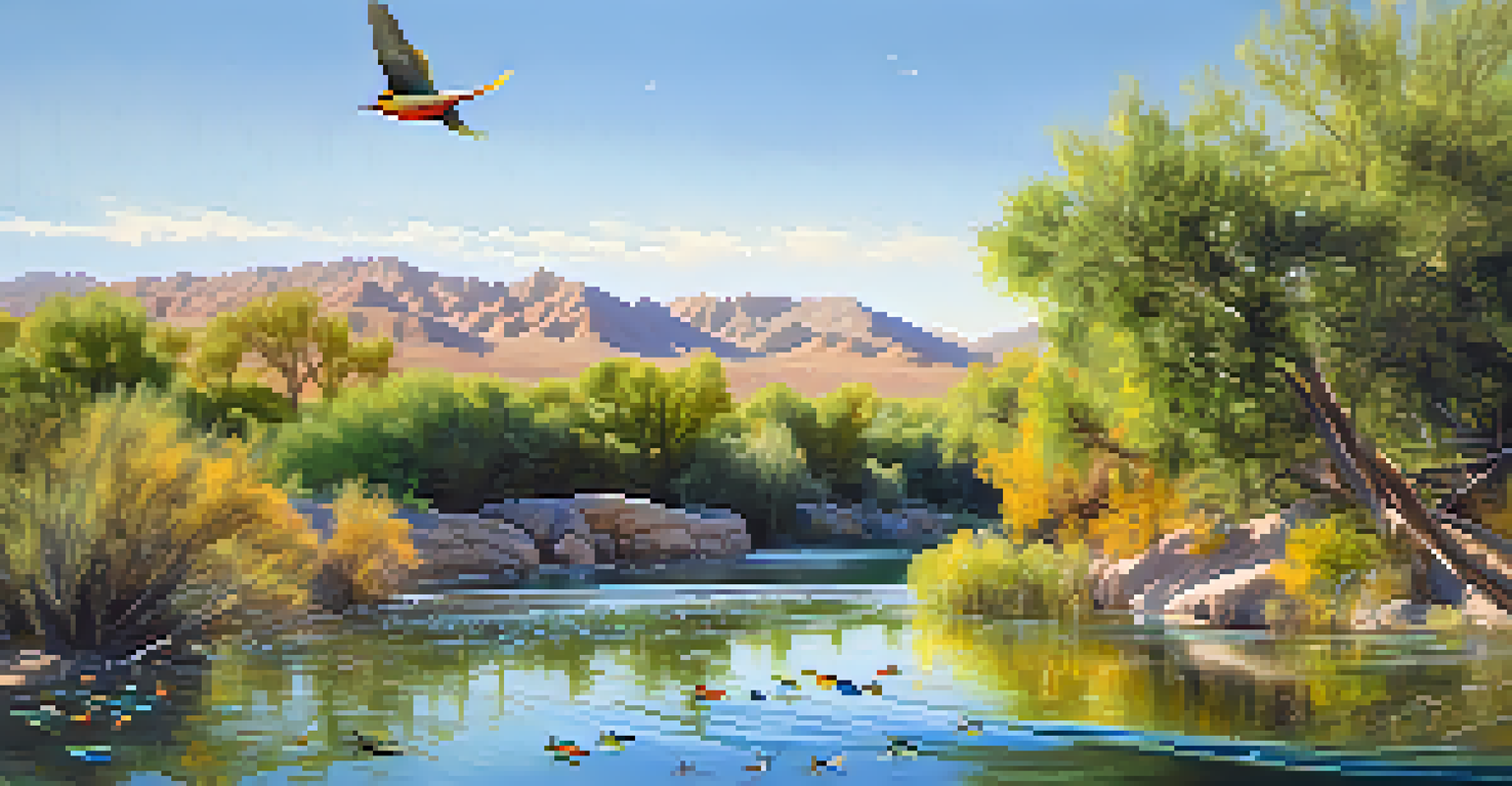 A close-up of the riparian zone along the Colorado River, showcasing lush plants and colorful fish, with birds perched nearby under sunlight.