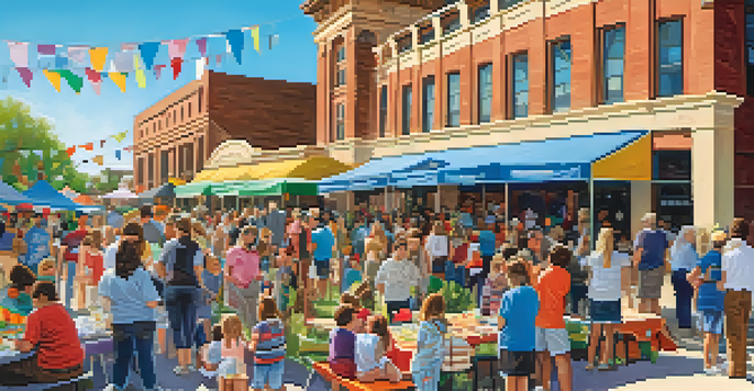 Families enjoying a community museum event with art booths and activities for children.