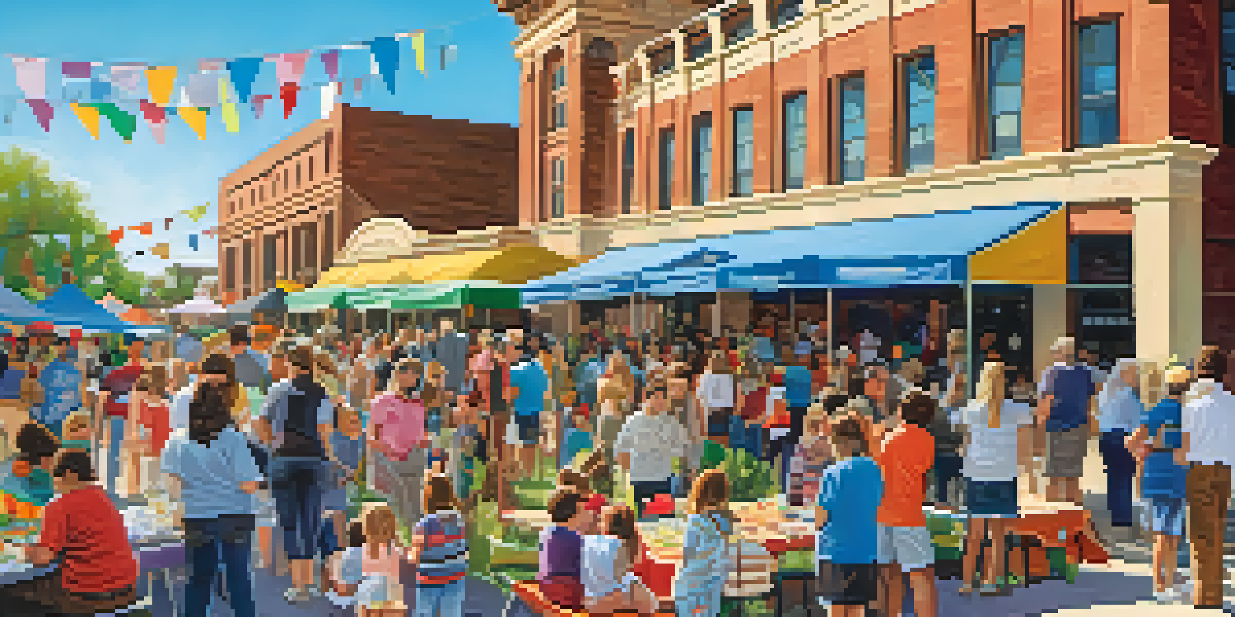 Families enjoying a community museum event with art booths and activities for children.