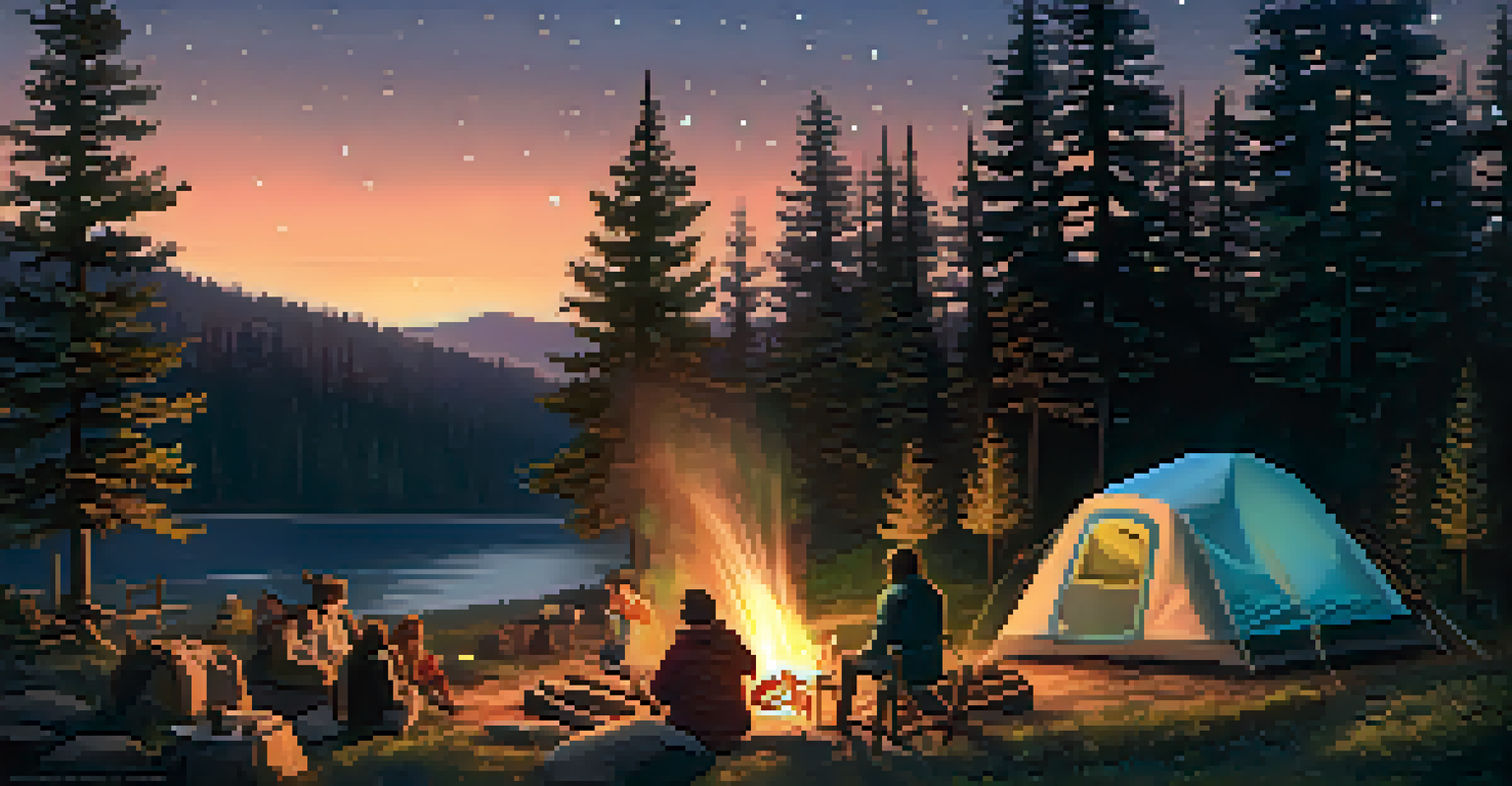 A campsite at night with a campfire, tent, and people enjoying the outdoors under the stars.