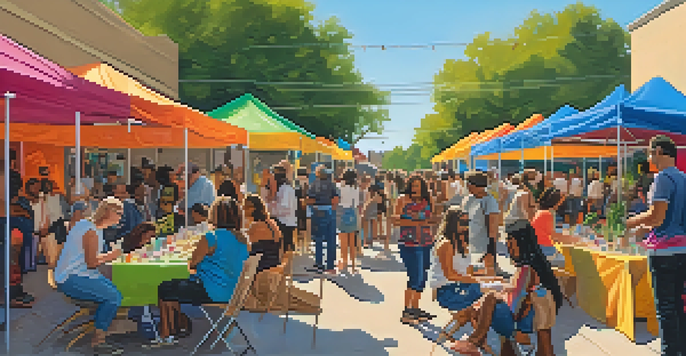 An outdoor community art event in Austin with diverse artists showcasing their work, surrounded by an audience enjoying the vibrant atmosphere.