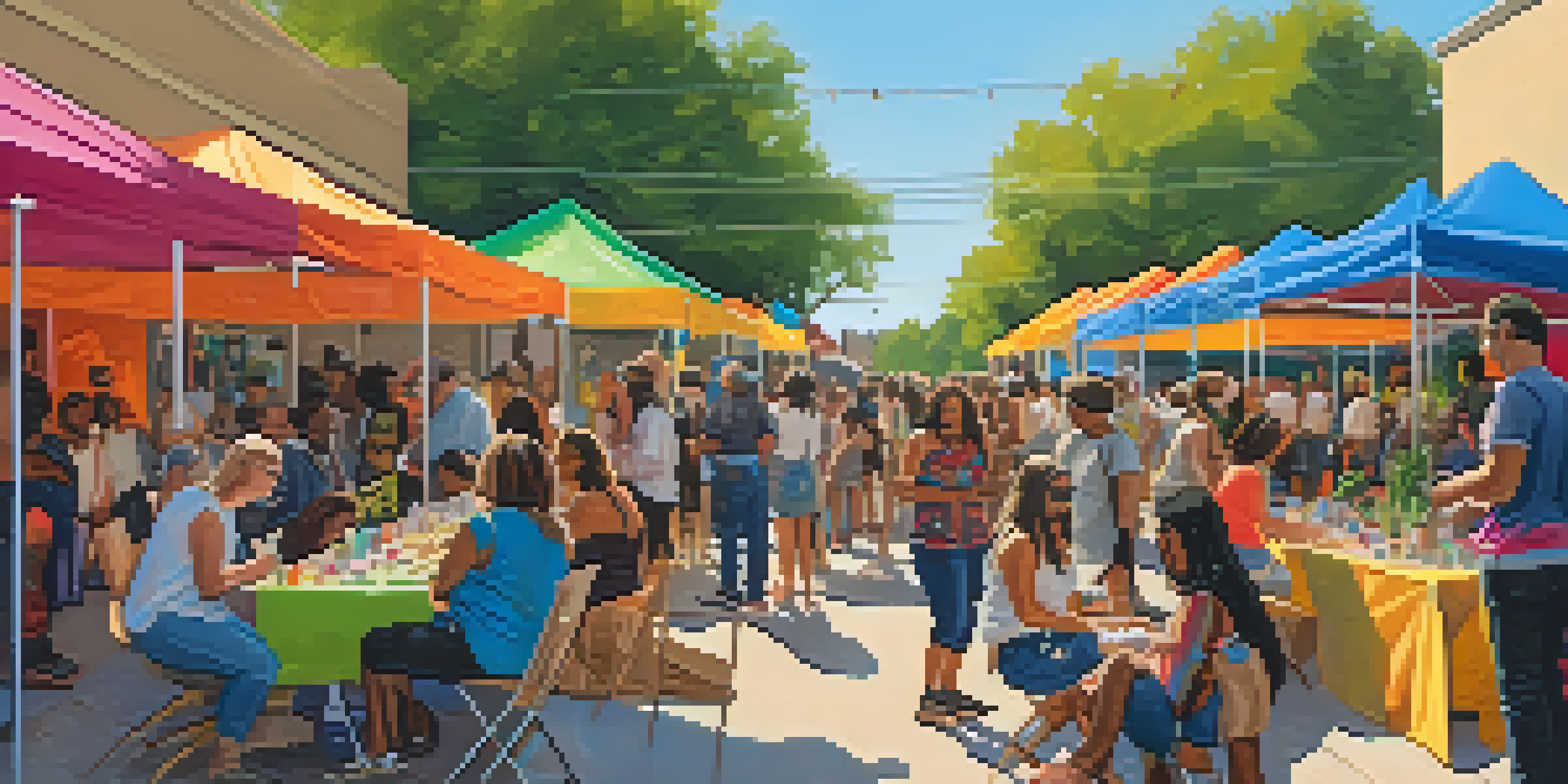 An outdoor community art event in Austin with diverse artists showcasing their work, surrounded by an audience enjoying the vibrant atmosphere.