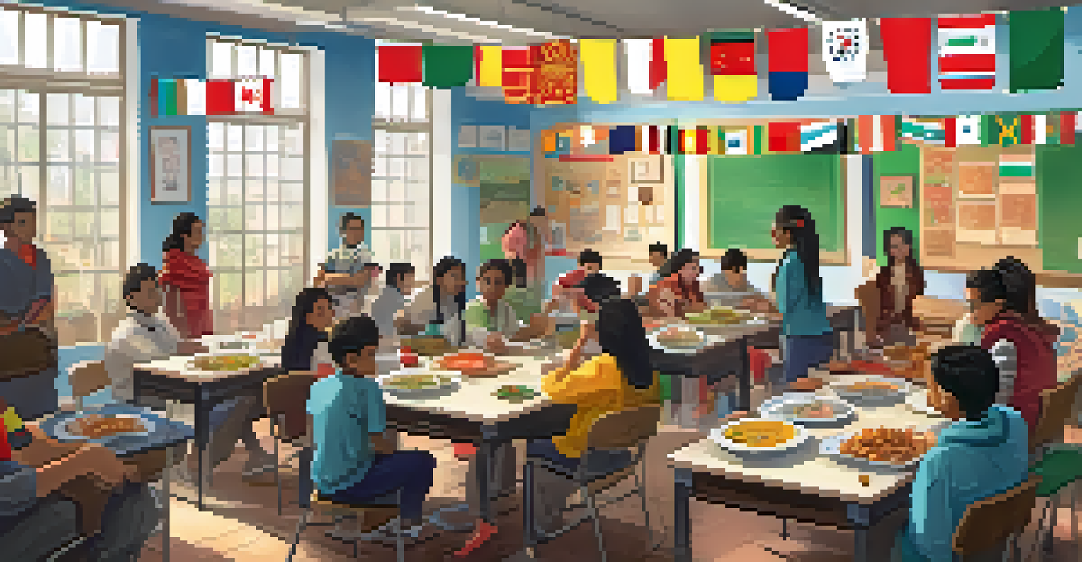 Students sharing their cultural heritage in a decorated classroom during cultural awareness week, with flags and traditional foods on display.