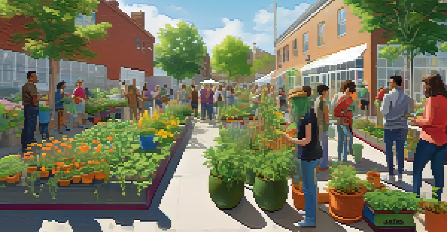 A lively urban garden with people attending a gardening workshop among colorful plants.