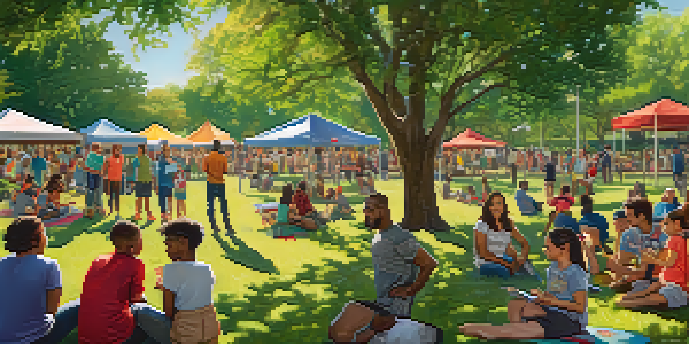 A lively community event in a park with people of different backgrounds interacting, children playing, and colorful banners in a sunny atmosphere with the city skyline in the background.