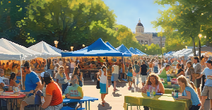 A lively outdoor festival scene in Austin, with families enjoying music, food vendors, and colorful booths celebrating local history.