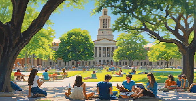 A lively courtyard at the University of Texas filled with students reading and discussing, with the UT tower in the background and blooming flowers.
