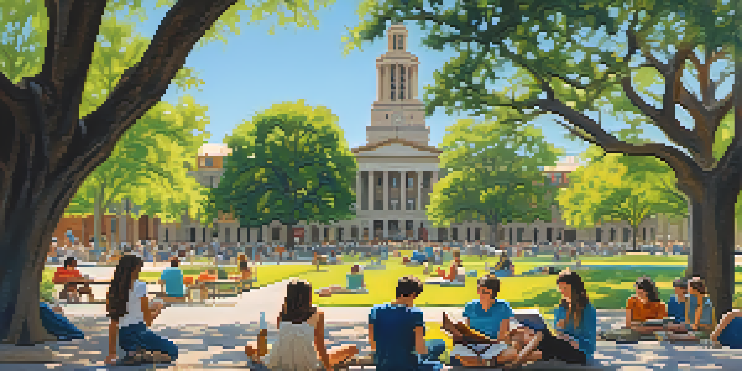 A lively courtyard at the University of Texas filled with students reading and discussing, with the UT tower in the background and blooming flowers.