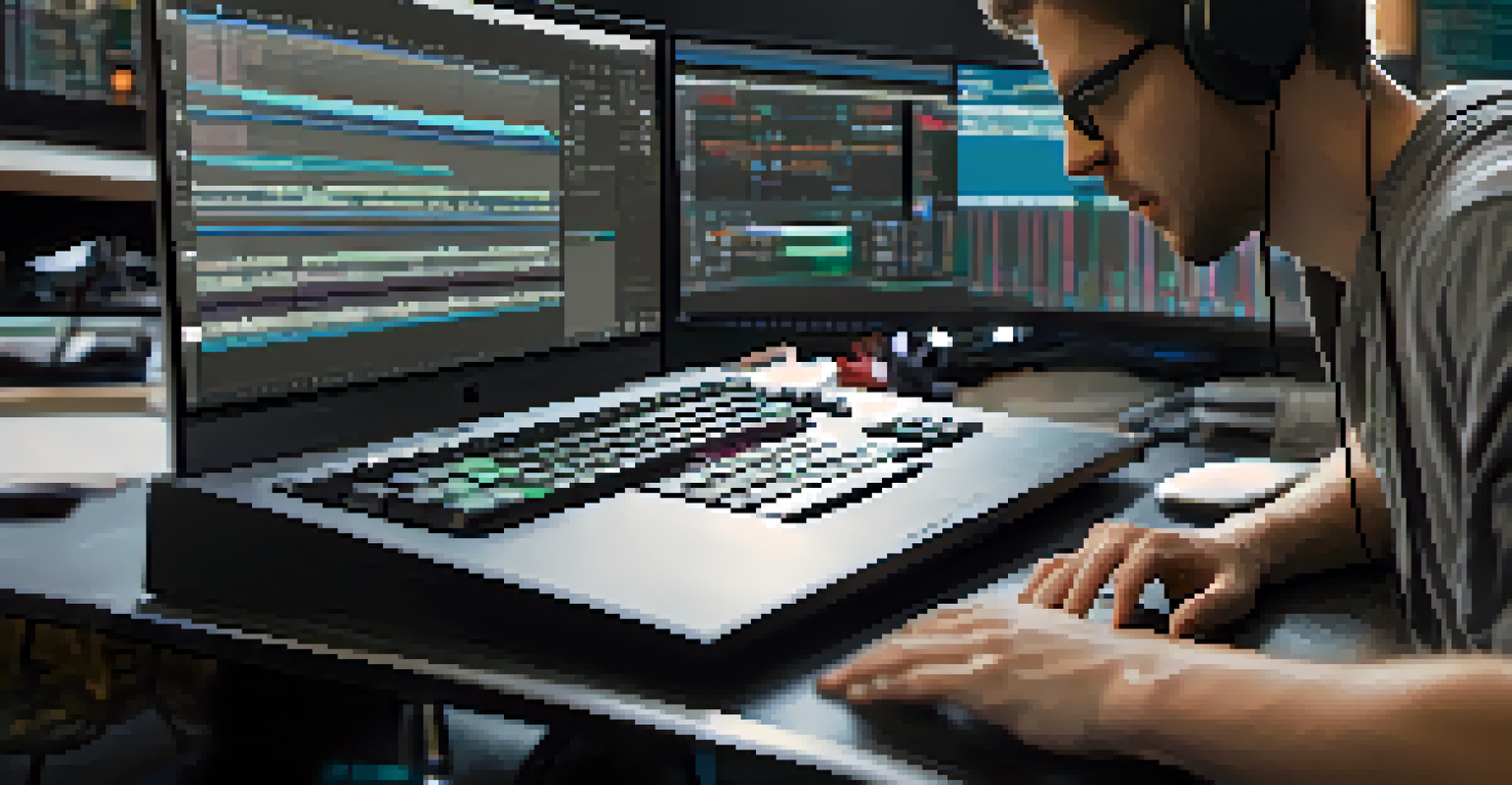 A close-up of hands editing a video on a computer with colorful editing software.