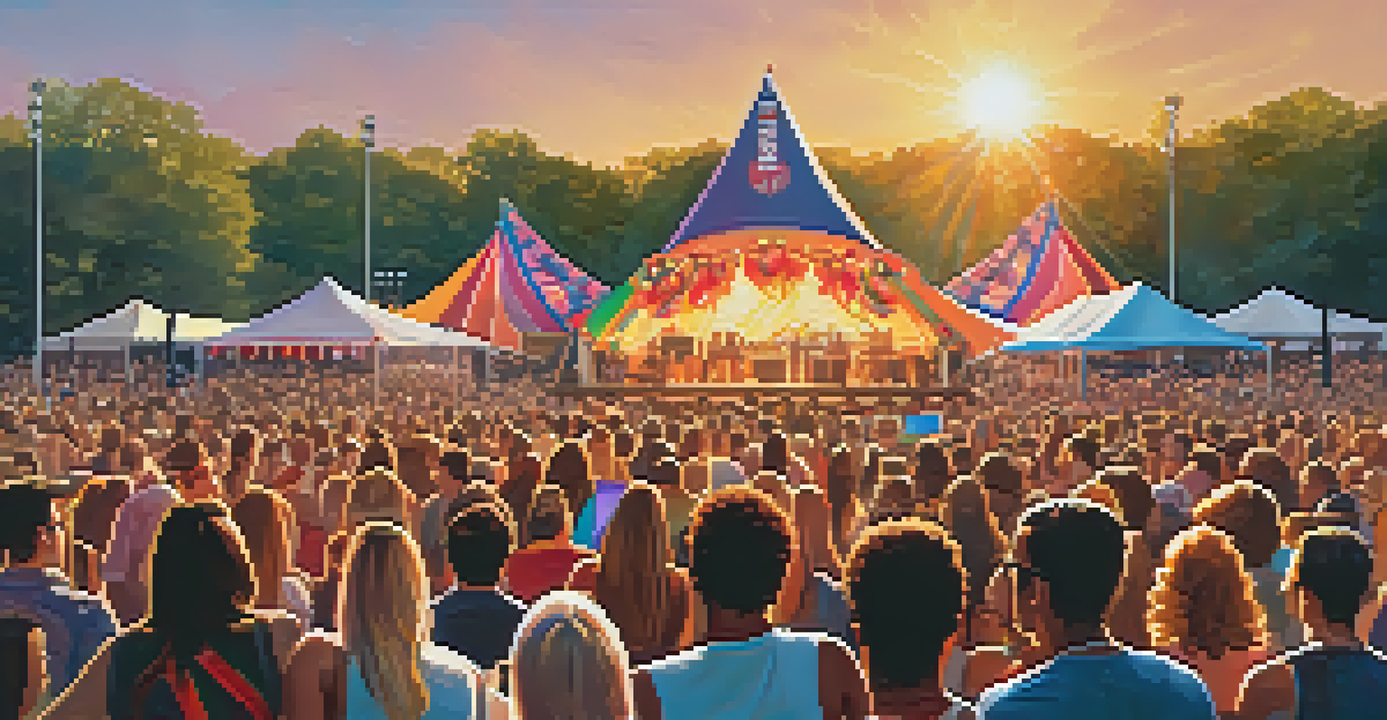 A lively outdoor music festival with musicians on stage and an engaged audience, bathed in warm sunset light.
