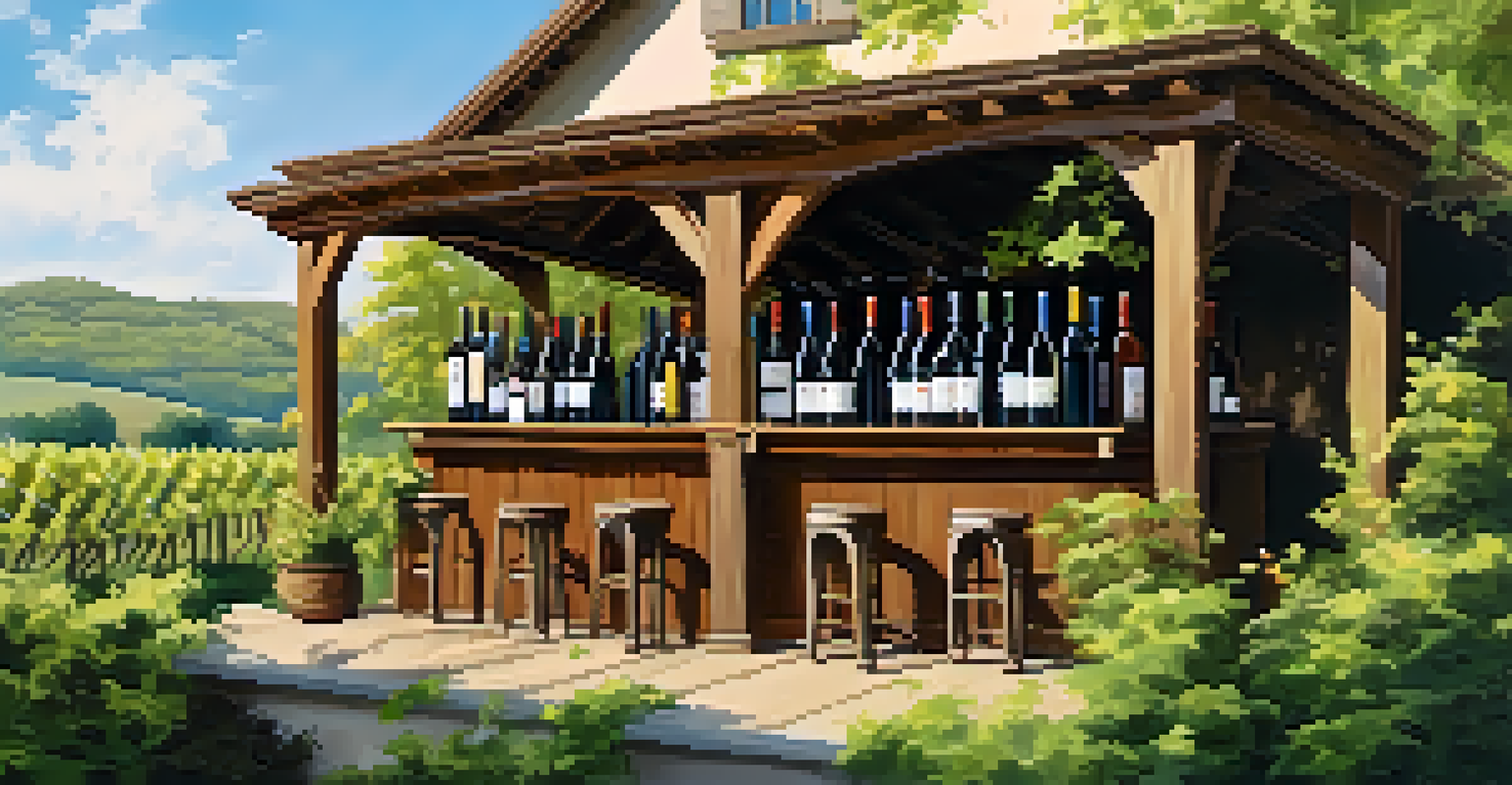 An outdoor wine tasting area at a winery, featuring wine bottles and a picturesque view of Fredericksburg.