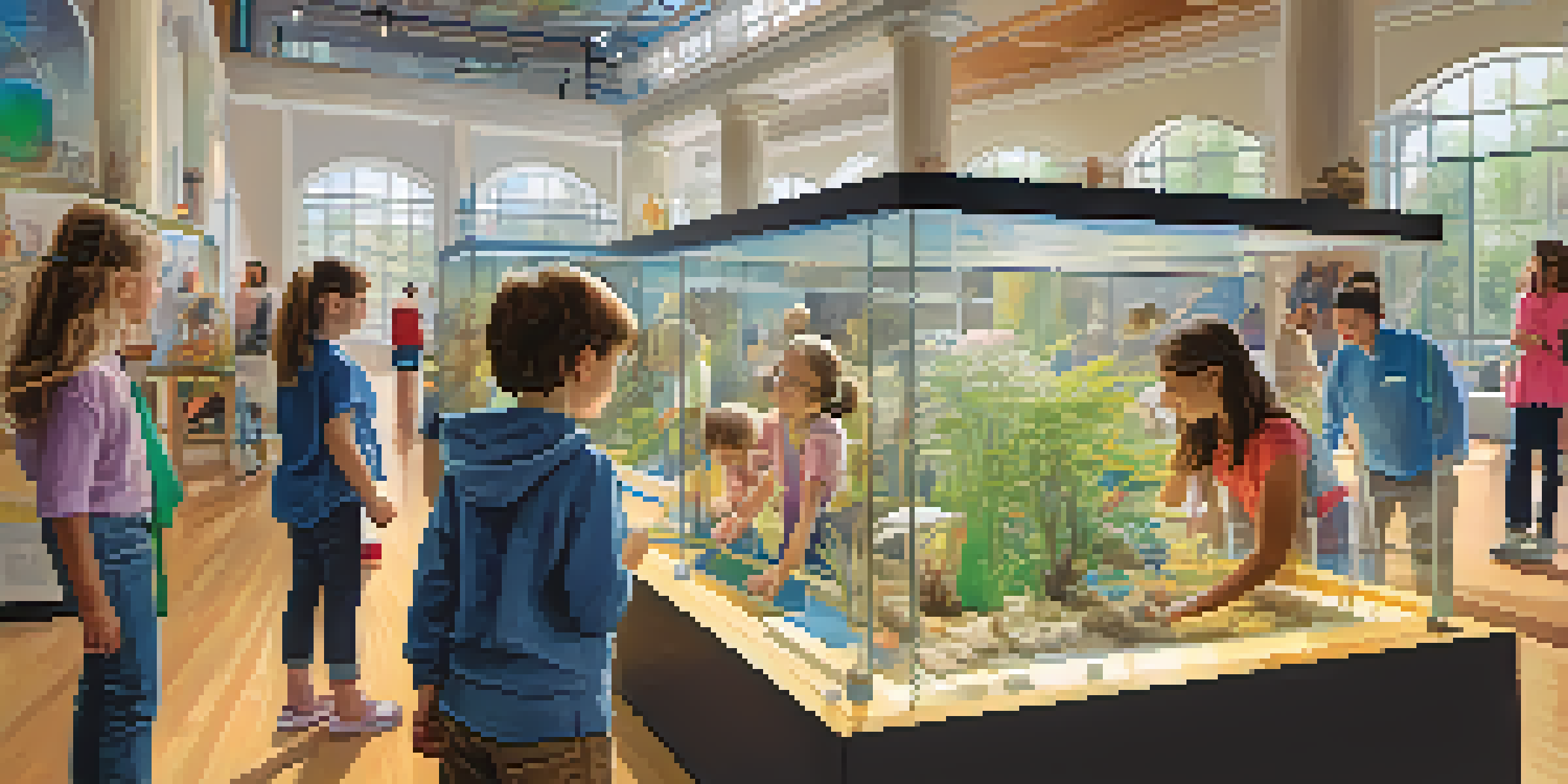 An interior view of a local science museum with interactive exhibits, featuring children and adults engaged in hands-on science activities under bright sunlight.