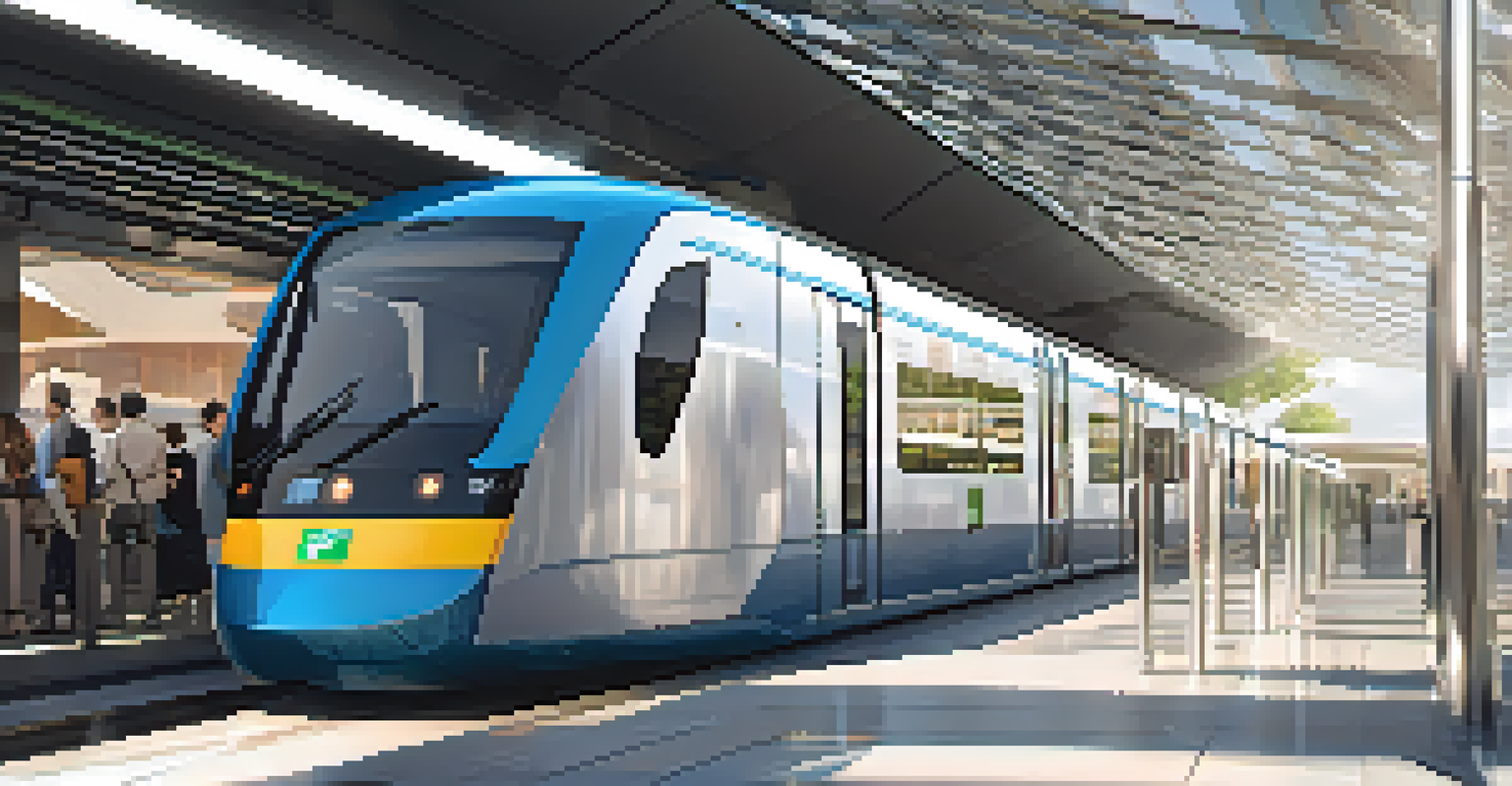 A close-up of a sleek energy-efficient light rail train at a station, with passengers boarding and disembarking under bright sunlight.