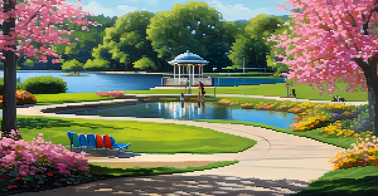 A bright park scene with a lake, dogs playing in a dog park, and families enjoying a sunny day.