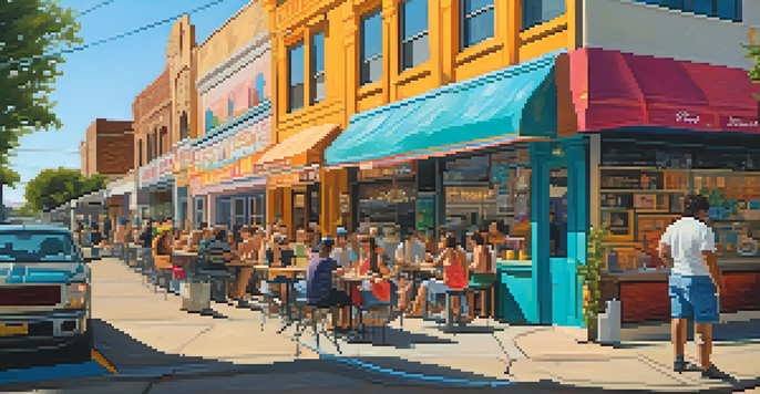 A lively street scene in South Congress, Austin, with people enjoying food and unique shops, under a sunset sky.