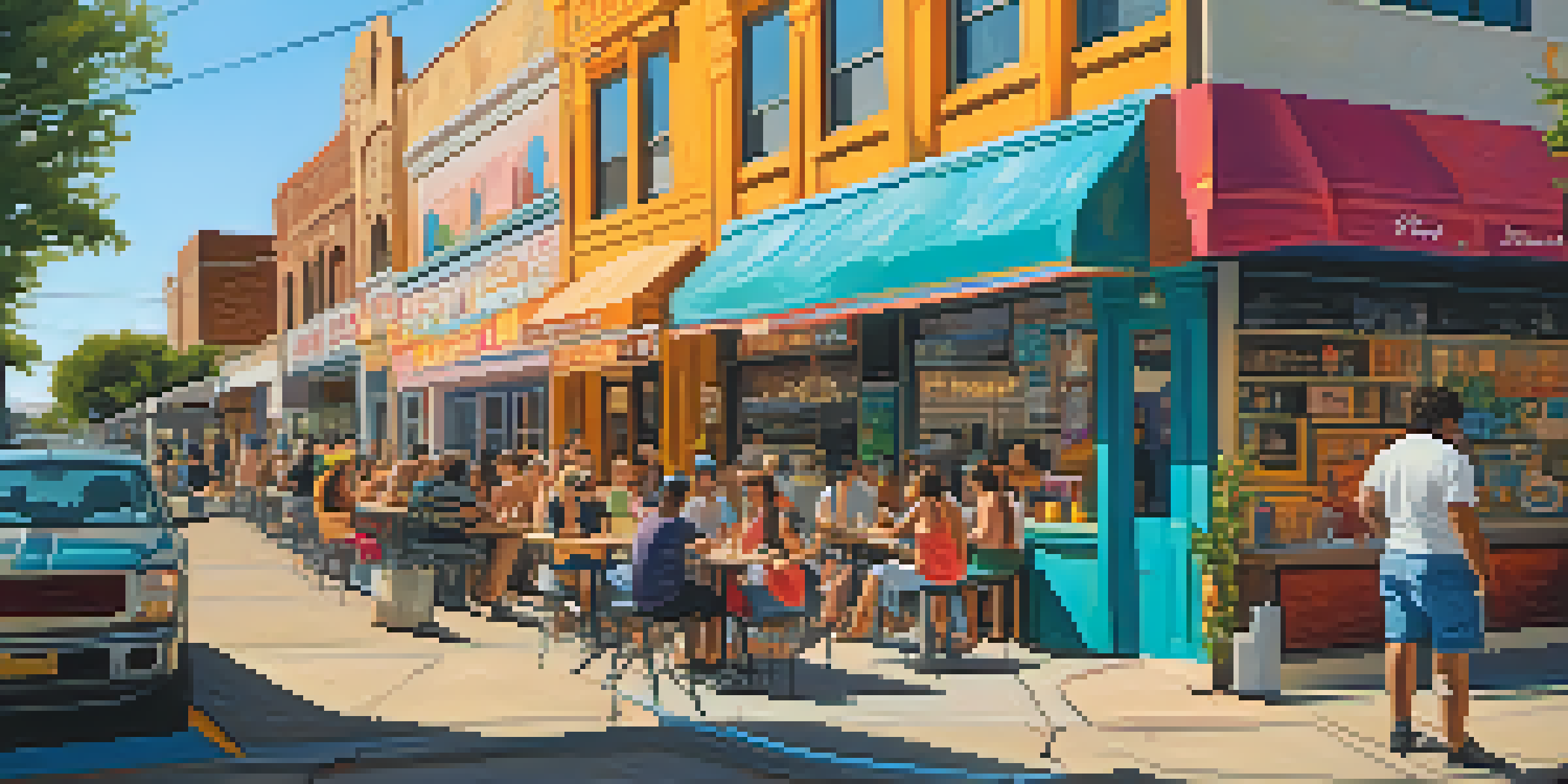 A lively street scene in South Congress, Austin, with people enjoying food and unique shops, under a sunset sky.