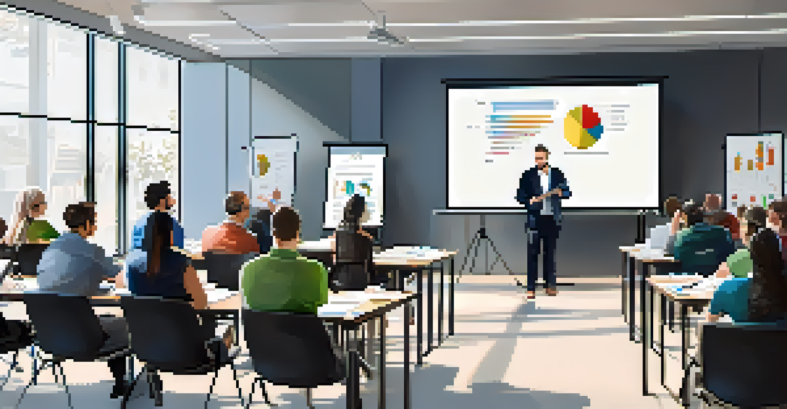 A workshop with small business owners actively participating and a speaker presenting at the front.