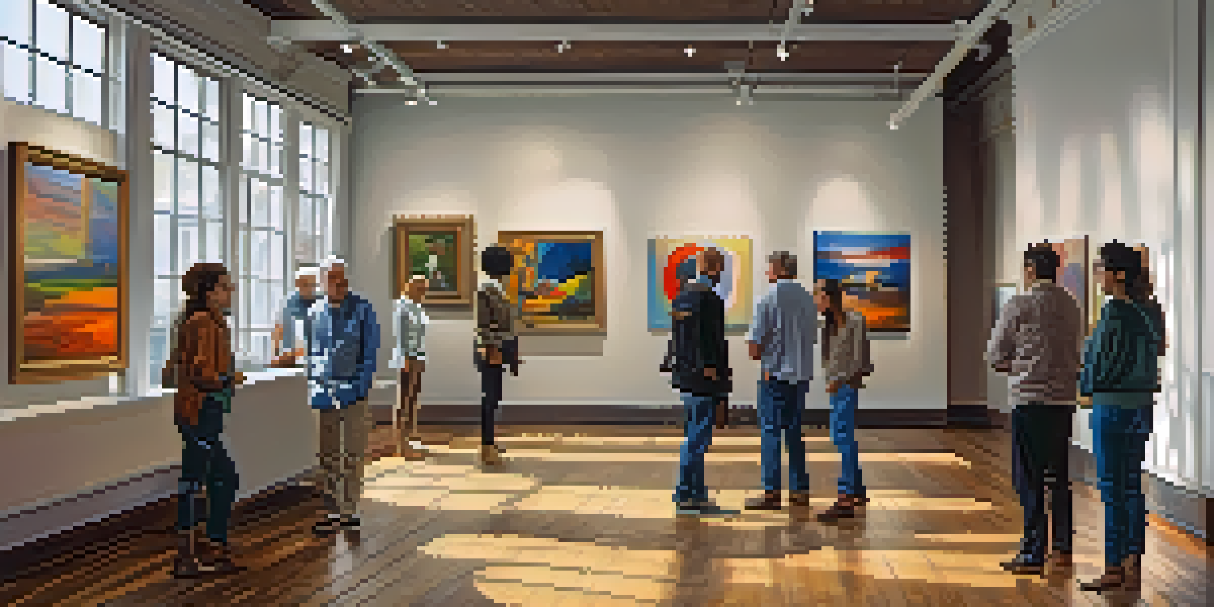 A lively local art gallery filled with colorful paintings and people discussing art in a bright, welcoming space.