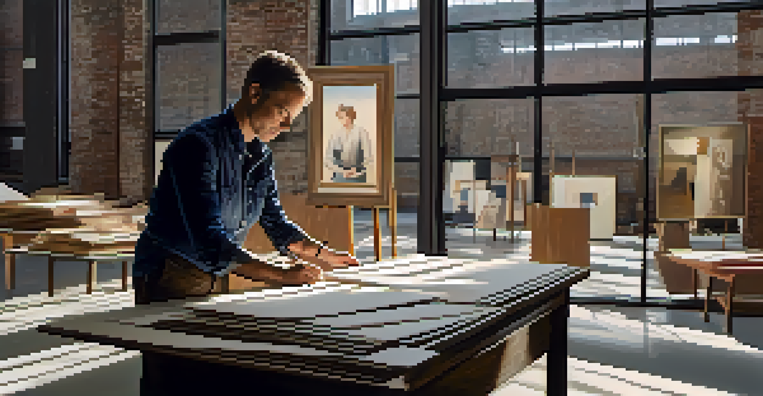 A curator arranging artworks in a warehouse setting, focusing on lighting and positioning under natural light.